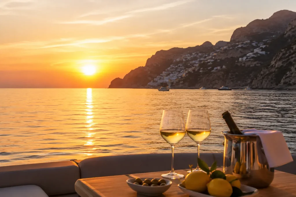 Golden sunset over the Amalfi Coast seen from a luxury yacht during golden hour
