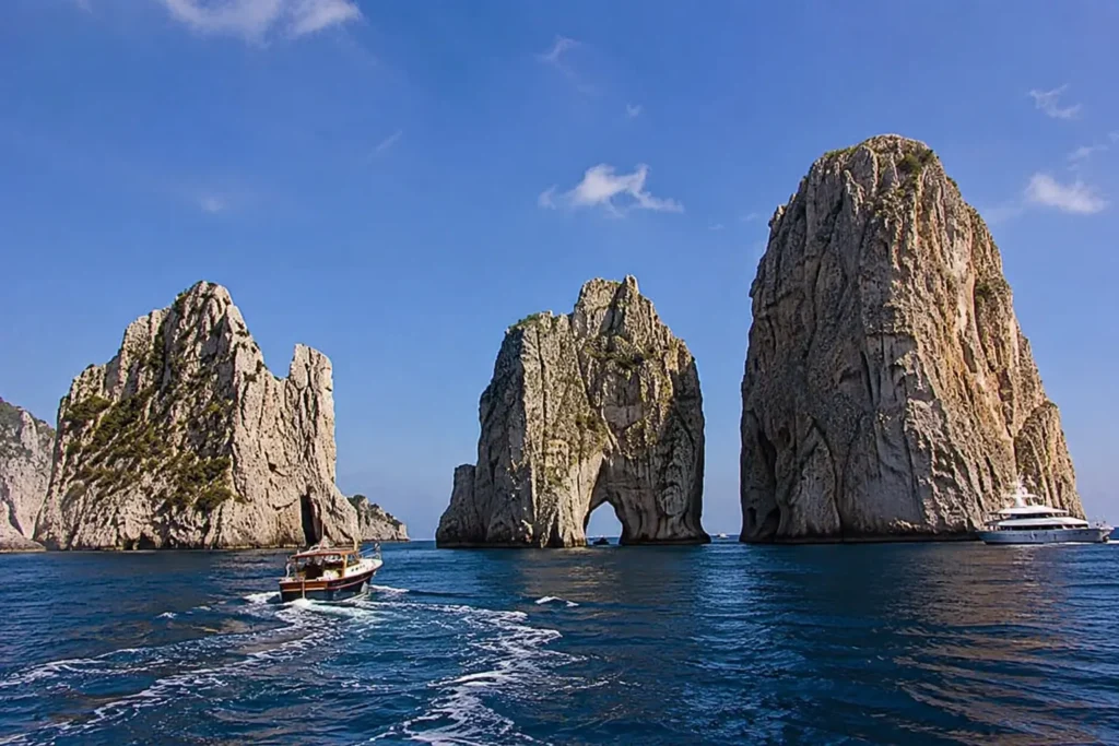 Faraglioni rocks in Capri rising from the turquoise Mediterranean Sea during a luxury yacht tour