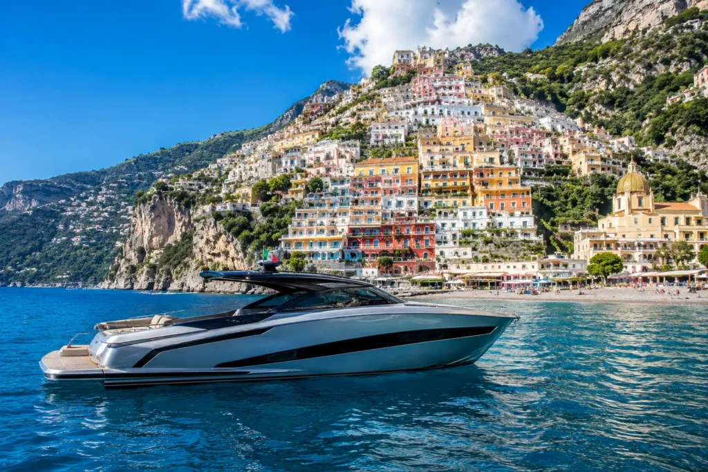 Luxury yacht in front of Positano village on the Amalfi Coast