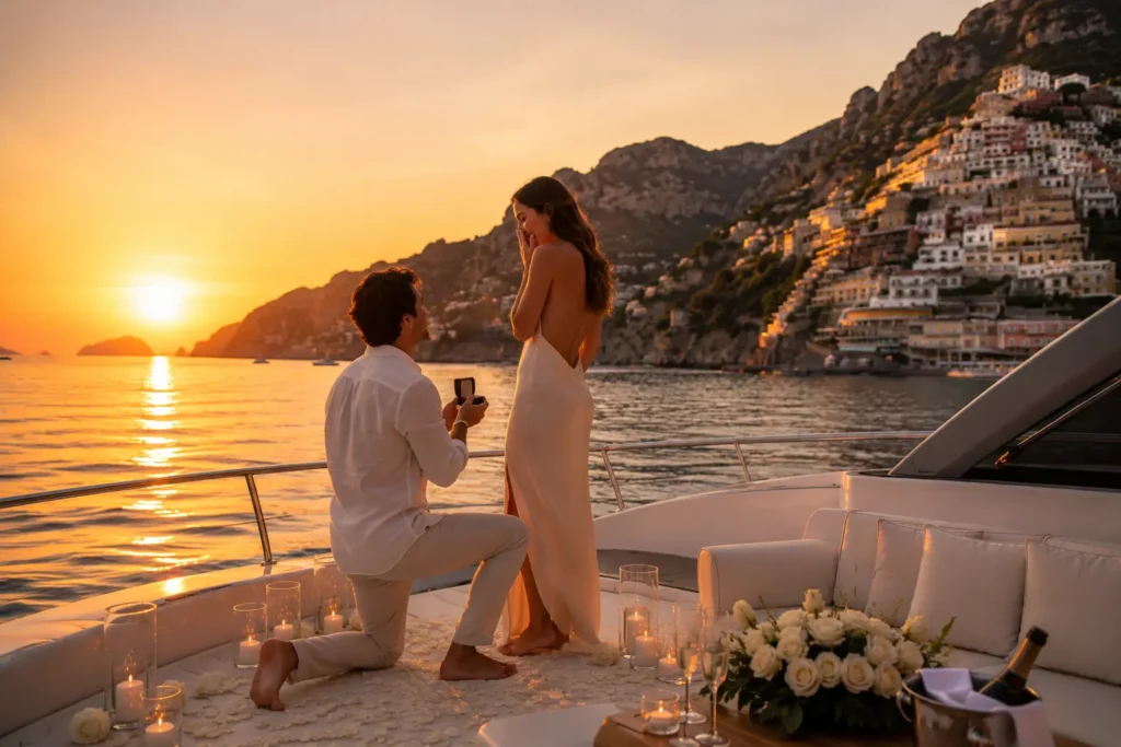 Romantic sunset yacht cruise along the Amalfi Coast with golden Mediterranean light