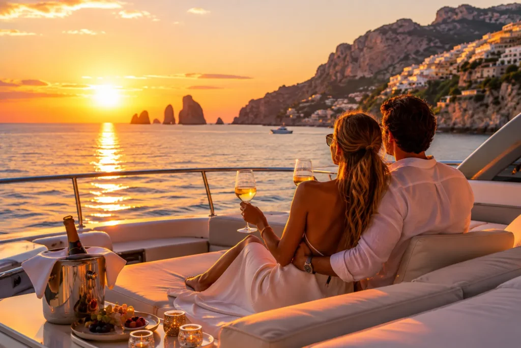 Sunset aperitivo aboard a private yacht with champagne and views of the Amalfi Coast
