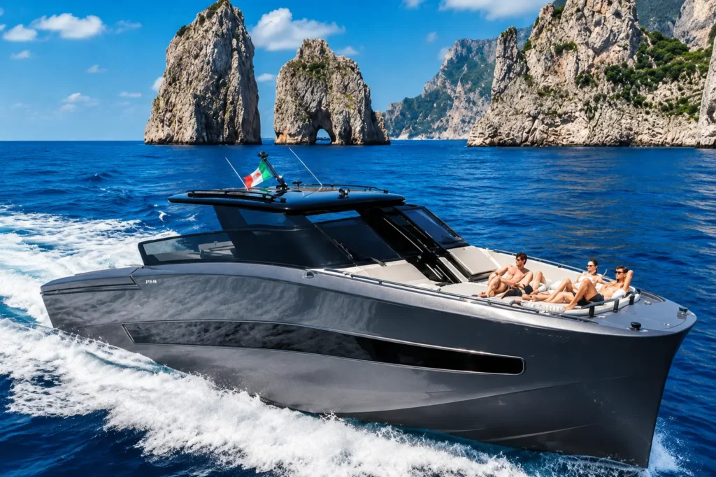 Yacht di lusso in navigazione vicino ai Faraglioni di Capri
