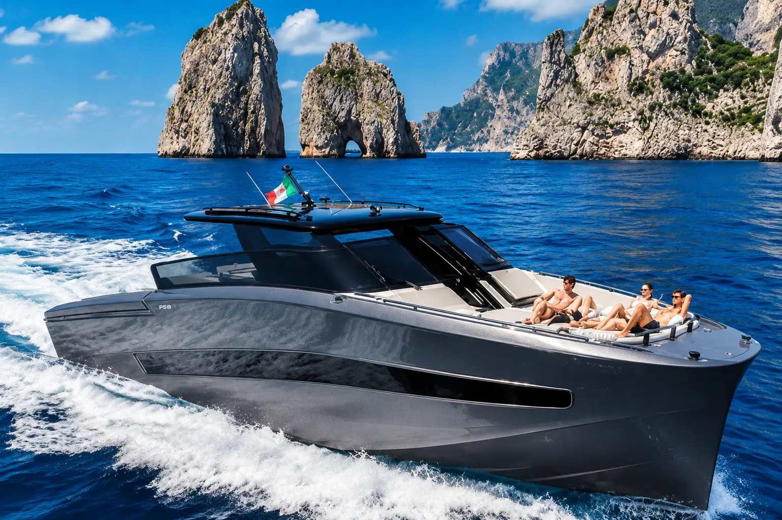 Luxury yacht cruising near the Faraglioni rocks in Capri
